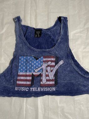 EUC Forever 21 MTV Crop Tank Top Small Blue Acid Wash Retro Music Workout Shirt